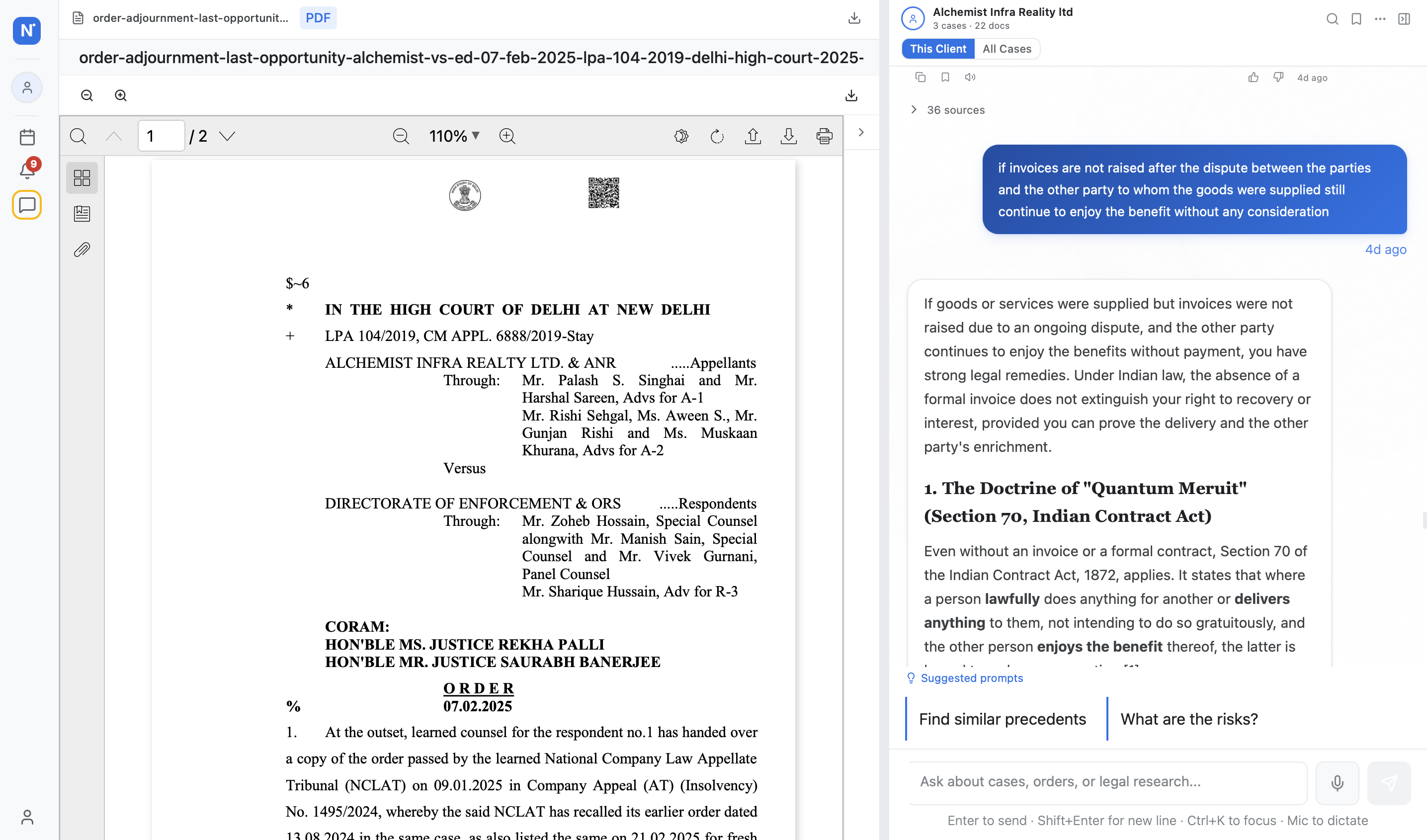 Matter view — 15 files across a complex litigation, every one tagged and searchable.