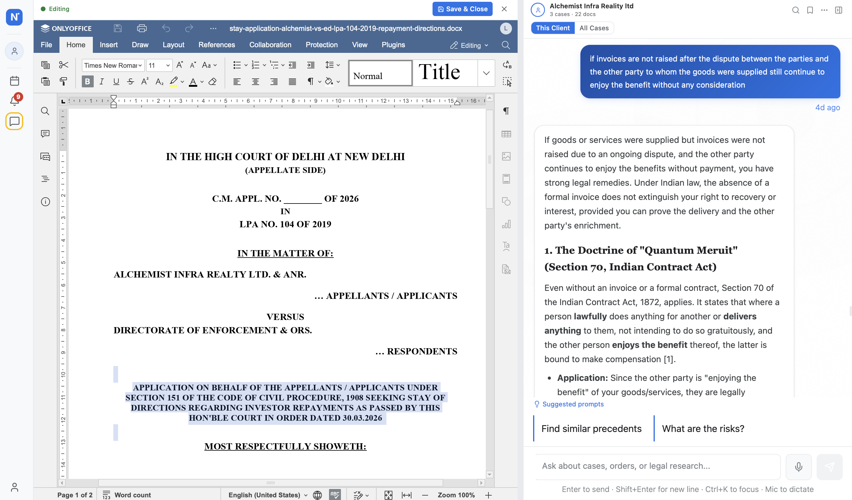 OnlyOffice collaborative edit — track changes, comments, live cursors. All inside Nowlez.