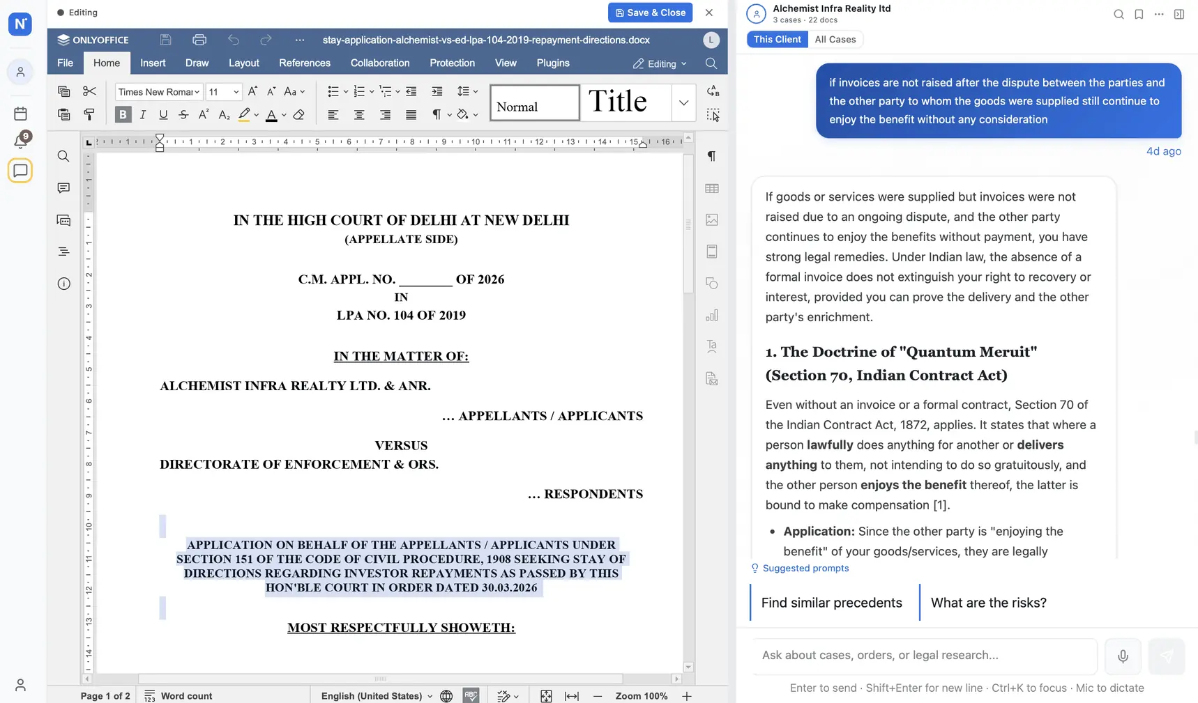 Drafting a reply to a plaint — facts pulled from the uploaded chargesheet, citations inline.