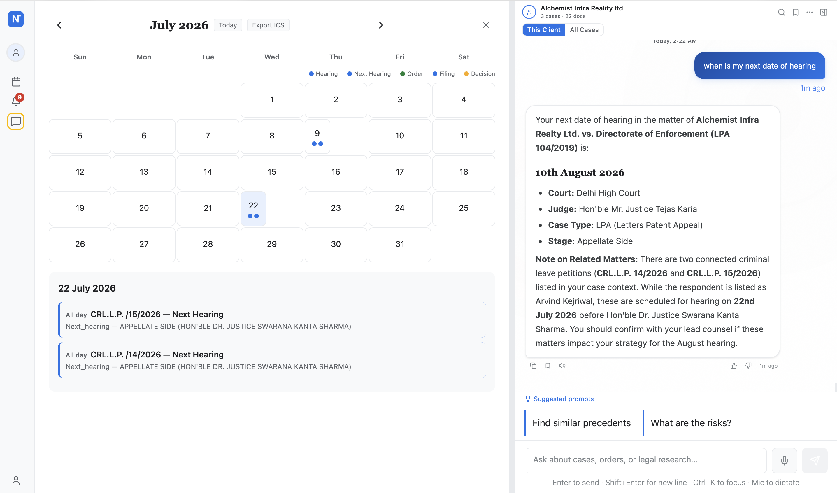 The case detail view — every hearing, every order, every party, in one scroll.