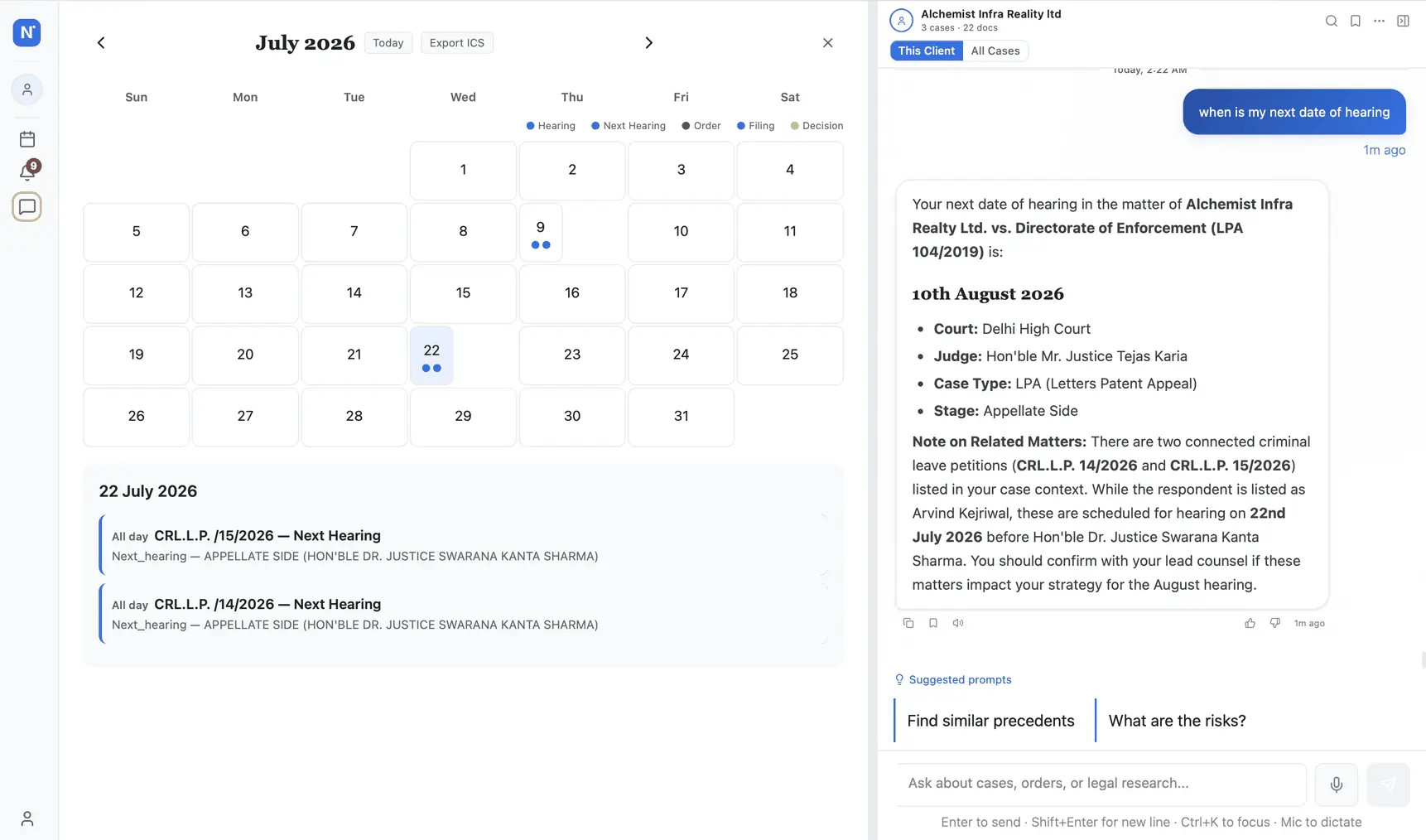 The case detail view — every hearing, every order, every party, in one scroll.